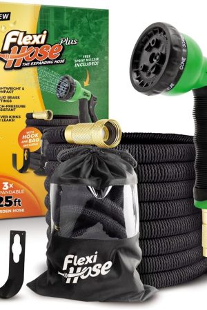 Flexi Hose PLUS with 8 Function Nozzle Expandable Garden Hose, Lightweight & No-Kink Flexible Garden Hose, 3/4 inch Solid Brass Fittings and Double Latex Core, 25 ft Black