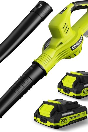 Leaf Blower Cordless - 21V Powerful Electric Leaf Blower with 2 Batteries and Charger, 2 Speed Modes, 2.0Ah Lightweight Battery Powered Leaf Blowers for Lawn Care, Patio, Dust, Blowing Leaves
